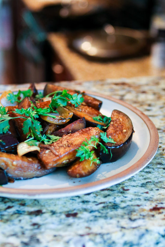 Chinese stir fried eggplant in a soy glaze