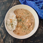 Chicken served in a deliciously creamy walnut sauce, overhead shot