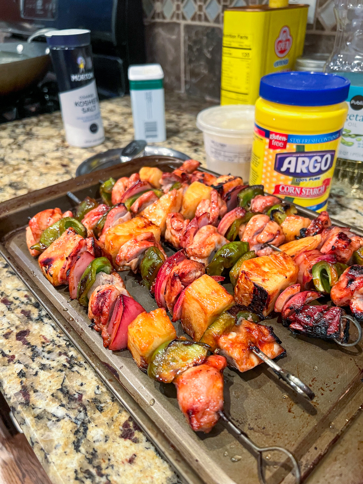 Healthy sweet and sour chicken skewers angled